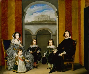 Francesco Tapia, Count of Vasto, with his Family seated in an interior of the Palazzo Tapia with a View of the Castello di Sant Elmo